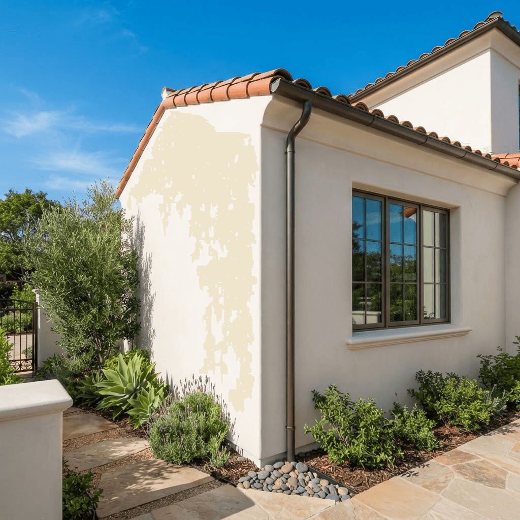 A freshly repaired and finished stucco exterior on a Sacramento-area home