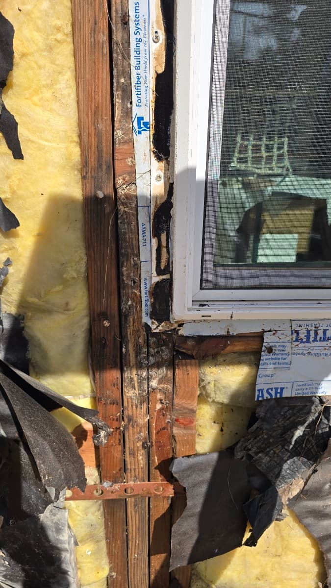 Wall framing exposed behind stucco showing dark dry rot and moisture damage on the studs beside a window