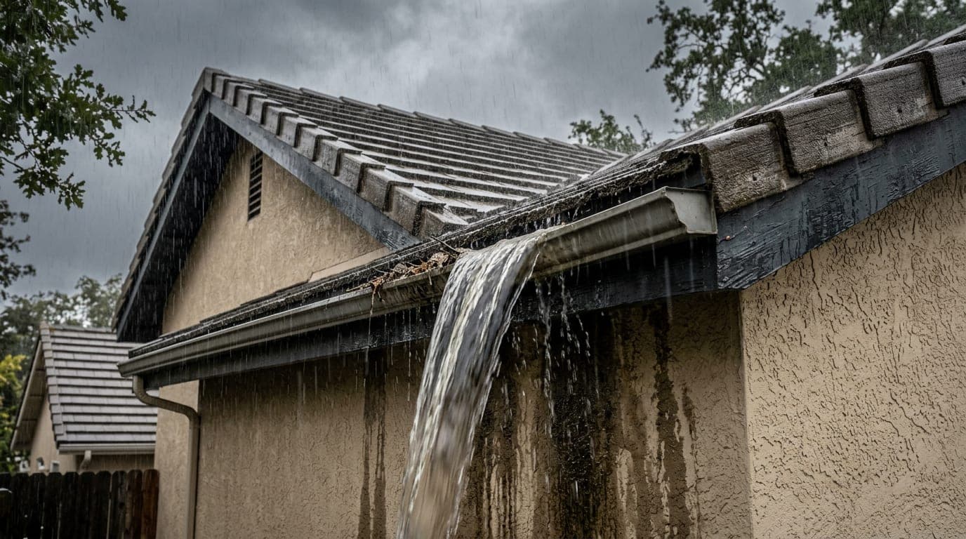 A clogged rain gutter overflowing during a storm, pouring water down a beige stucco wall and leaving dark wet streaks
