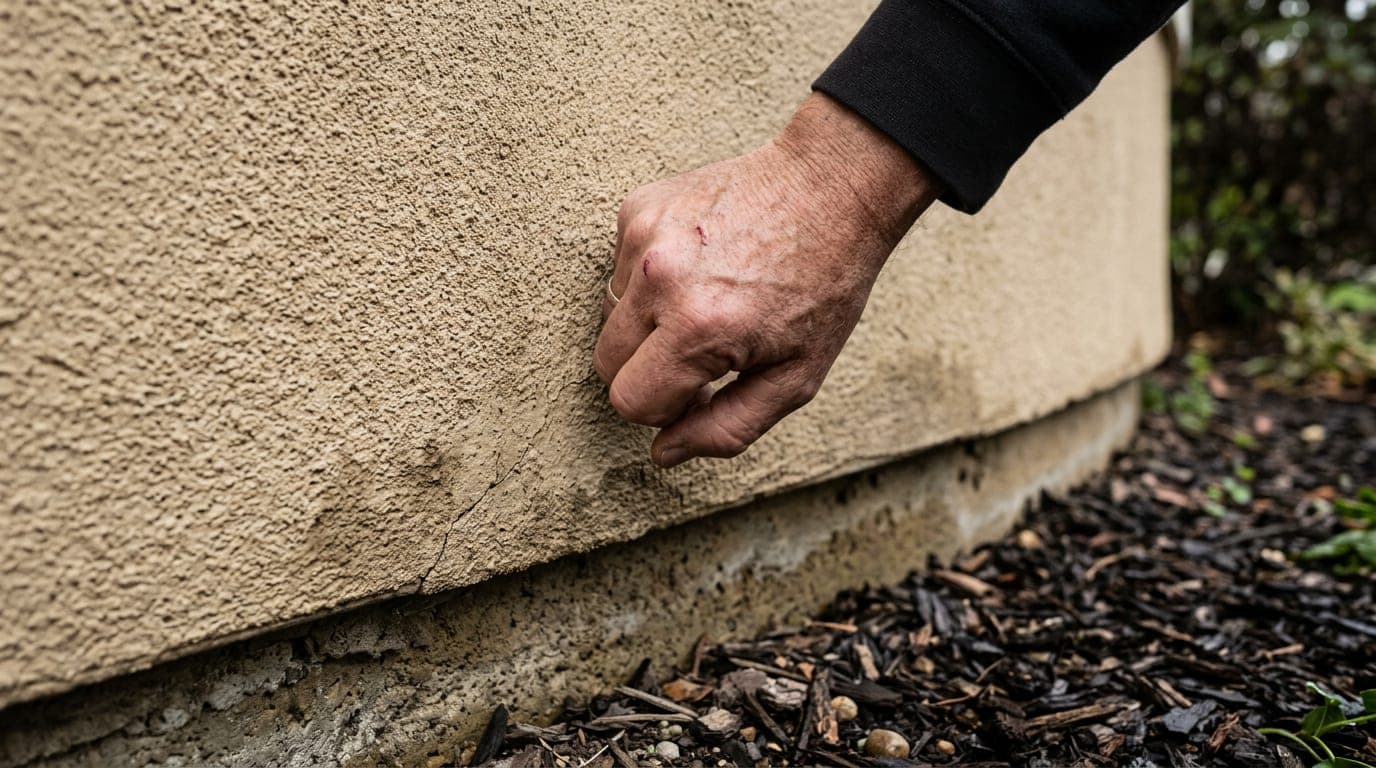 A homeowner tapping the lower part of a tan stucco wall with his knuckles to check for hollow or soft spots