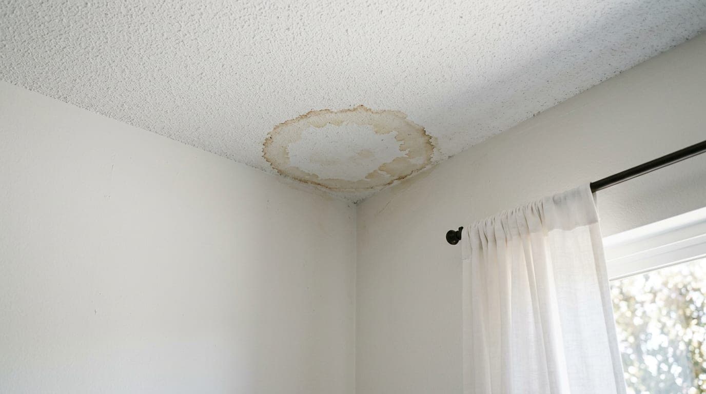 A water stain ring on a white bedroom ceiling near an exterior wall, brown at the edge and lighter in the middle