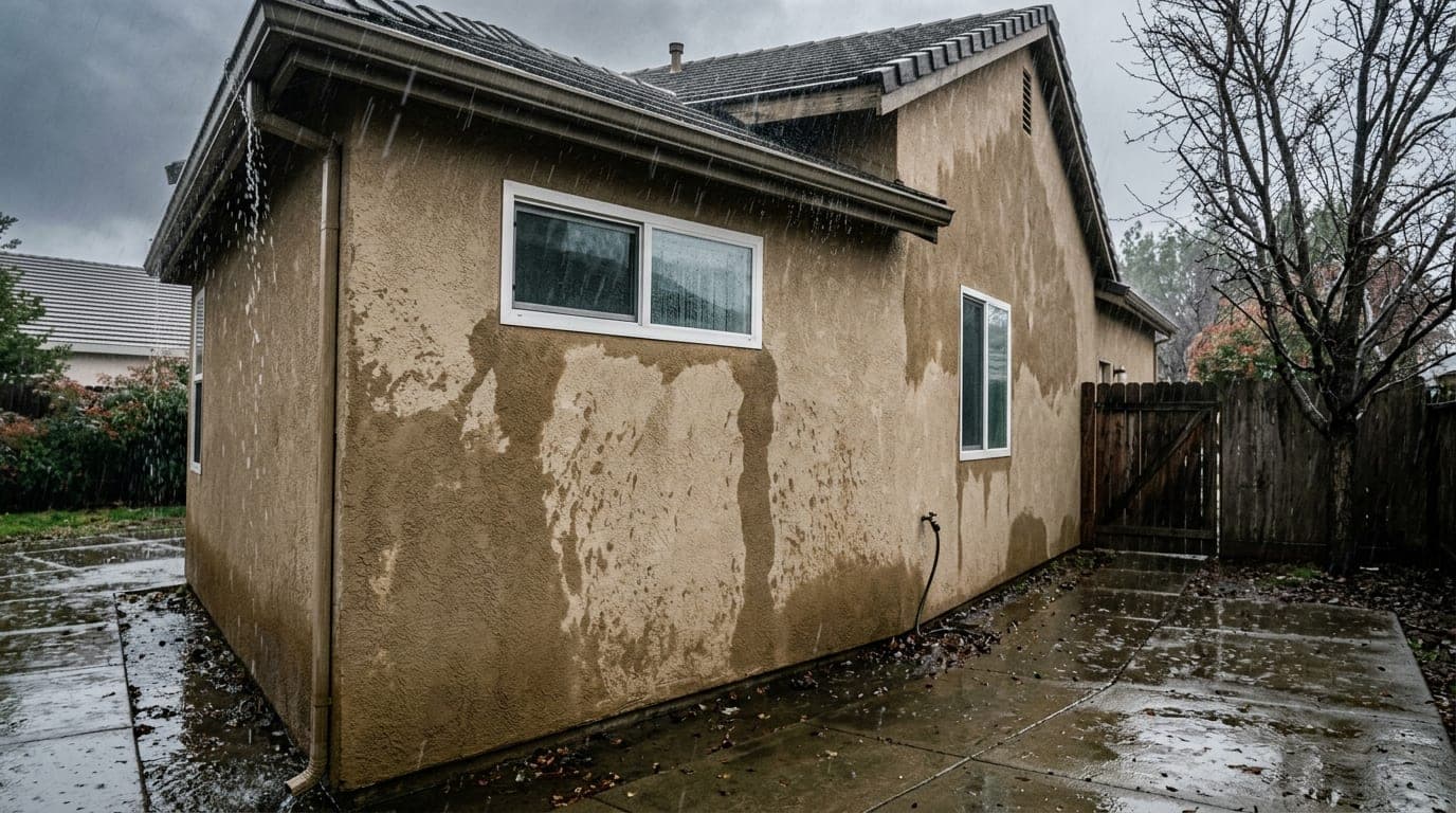 The side wall of a tan stucco home soaked unevenly during a heavy, wind-driven rainstorm, with dark wet patches spreading below a window