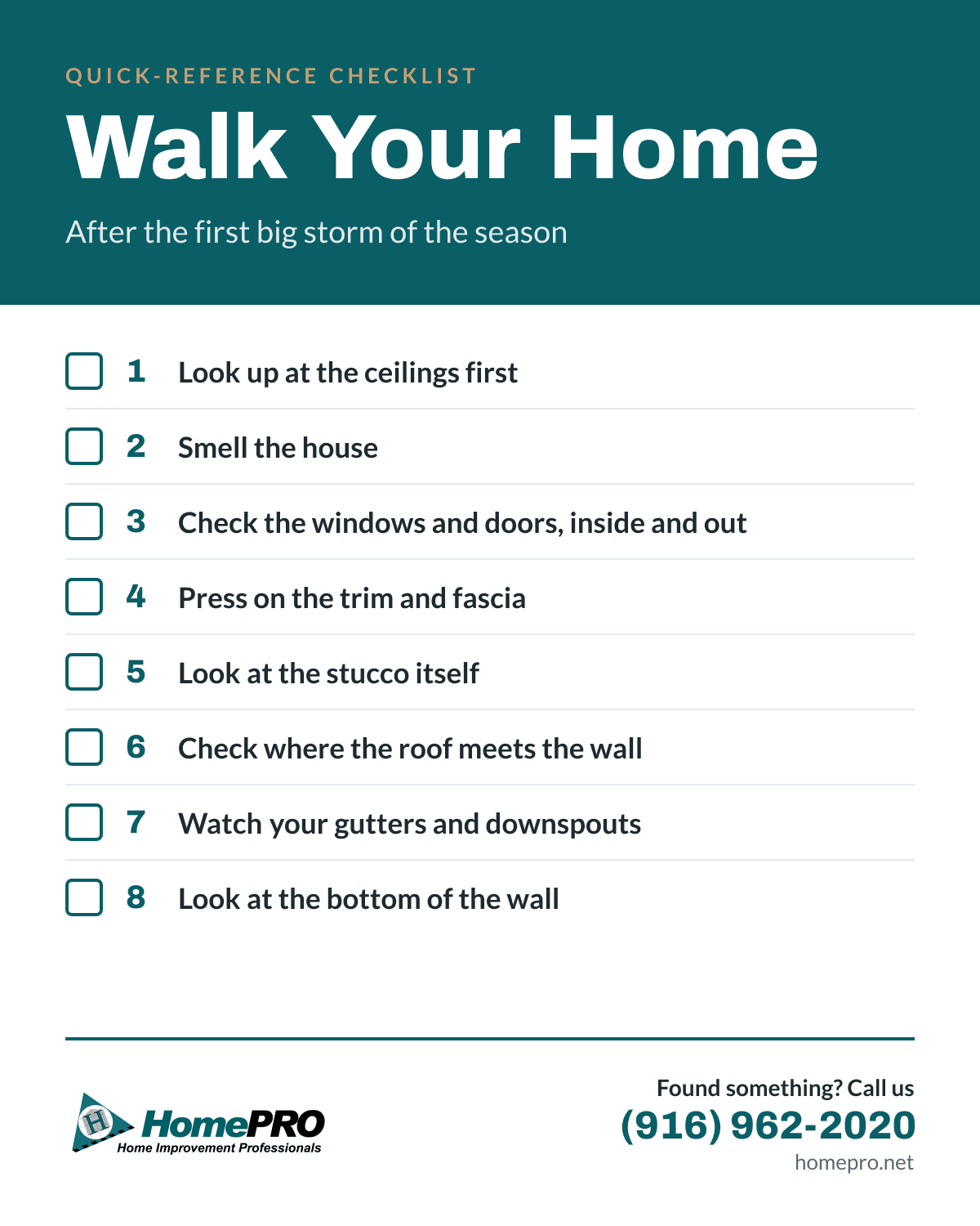 Walk Your Home checklist for after the first big storm: 1. Look up at the ceilings first. 2. Smell the house. 3. Check the windows and doors, inside and out. 4. Press on the trim and fascia. 5. Look at the stucco itself. 6. Check where the roof meets the wall. 7. Watch your gutters and downspouts. 8. Look at the bottom of the wall.