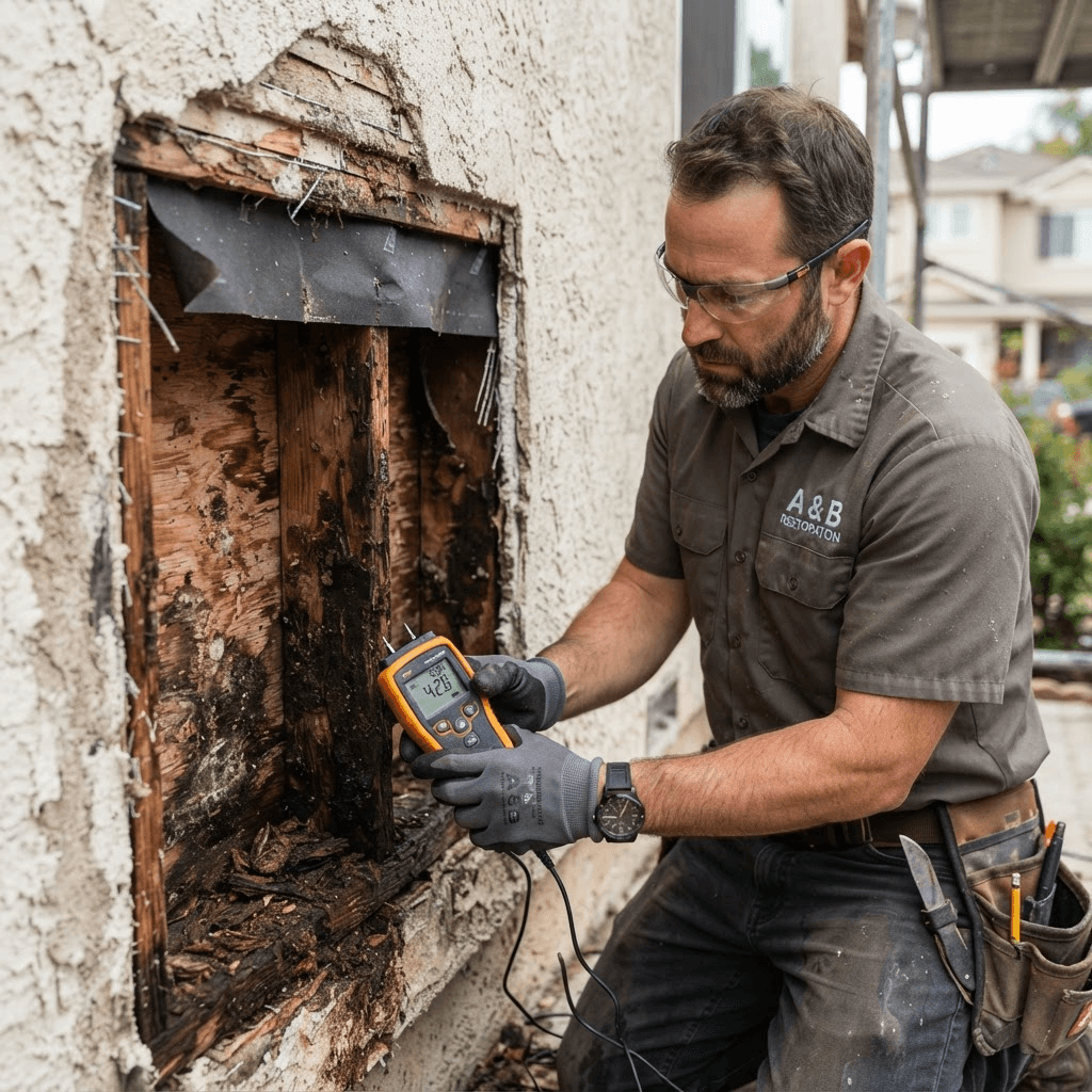 HomePRO technician inspecting a stucco wall to locate the source of a water leak